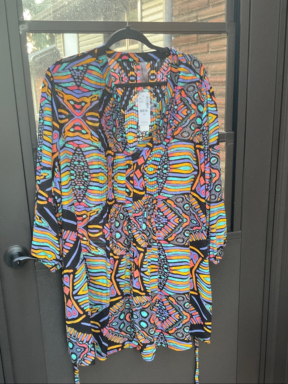 Melissa McCarthy Seven7 Black Tunic with Neon Multicolor Geometric Print